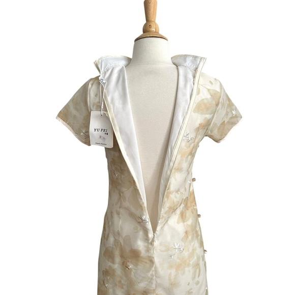 YUFEI Traditional Chinese Cheongsam Dress Pale Yellow Organza MIDI Embroidered M - Picture 10 of 15